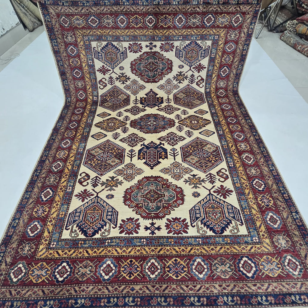 5.5x8 Beige Super Kazak Geometric Area Rug | Handmade Wool & Cotton Rug