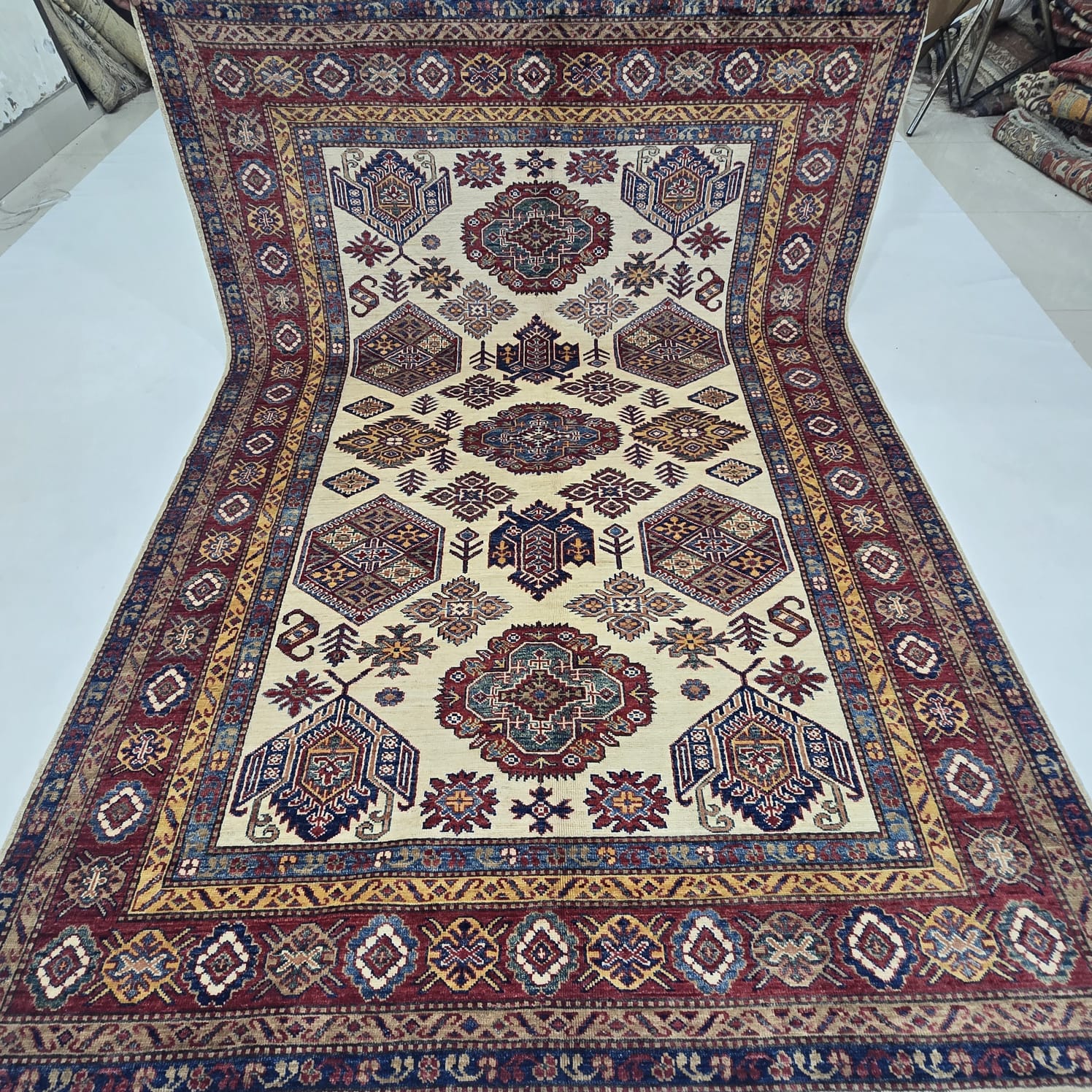 5.5x8 Beige Super Kazak Geometric Area Rug | Handmade Wool & Cotton Rug