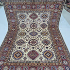 5.5x8 Beige Super Kazak Geometric Area Rug | Handmade Wool & Cotton Rug