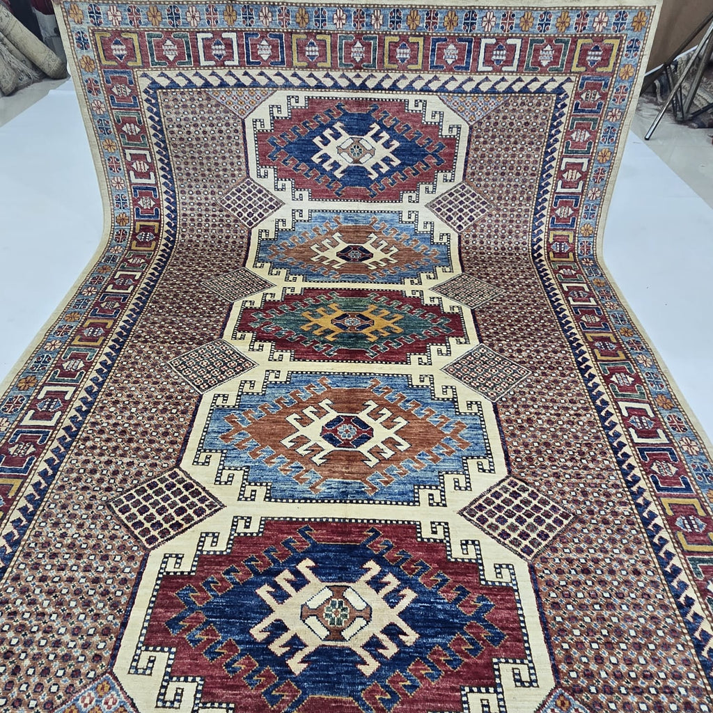 5.5x8 Beige Super Kazak Geometric Area Rug | Handmade Wool & Cotton Rug