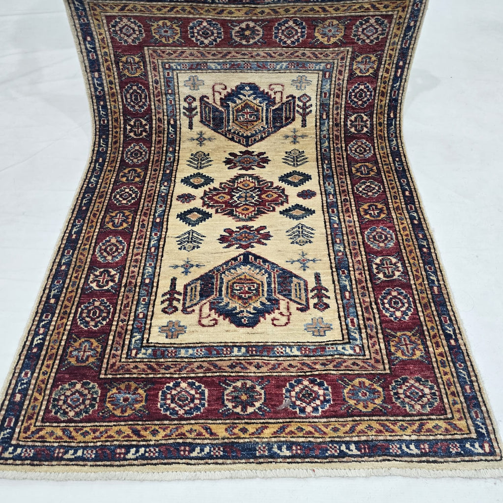 2.5x4 Beige Super Kazak Geometric Area Rug | Handmade Wool & Cotton Rug