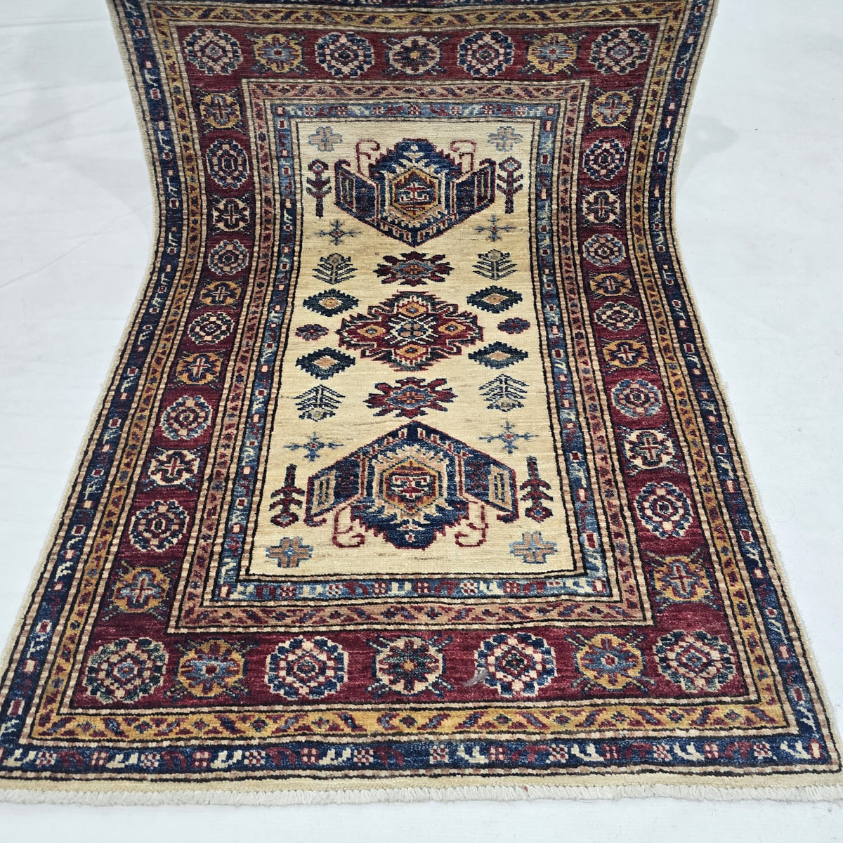 5x6 Beige Super Kazak Geometric Area Rug | Handmade Wool & Cotton Rug