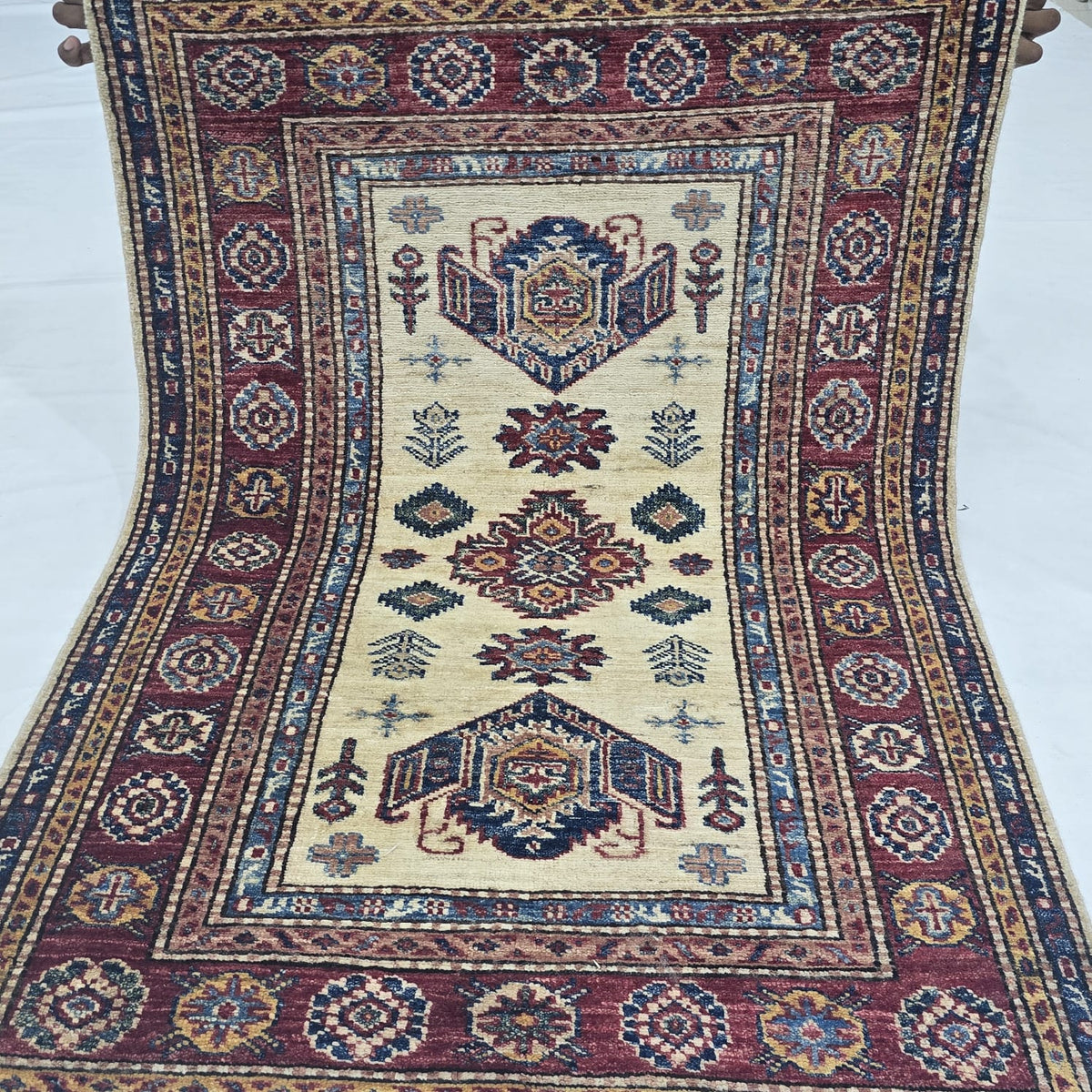 2.5x4 Beige Super Kazak Geometric Area Rug | Handmade Wool & Cotton Rug