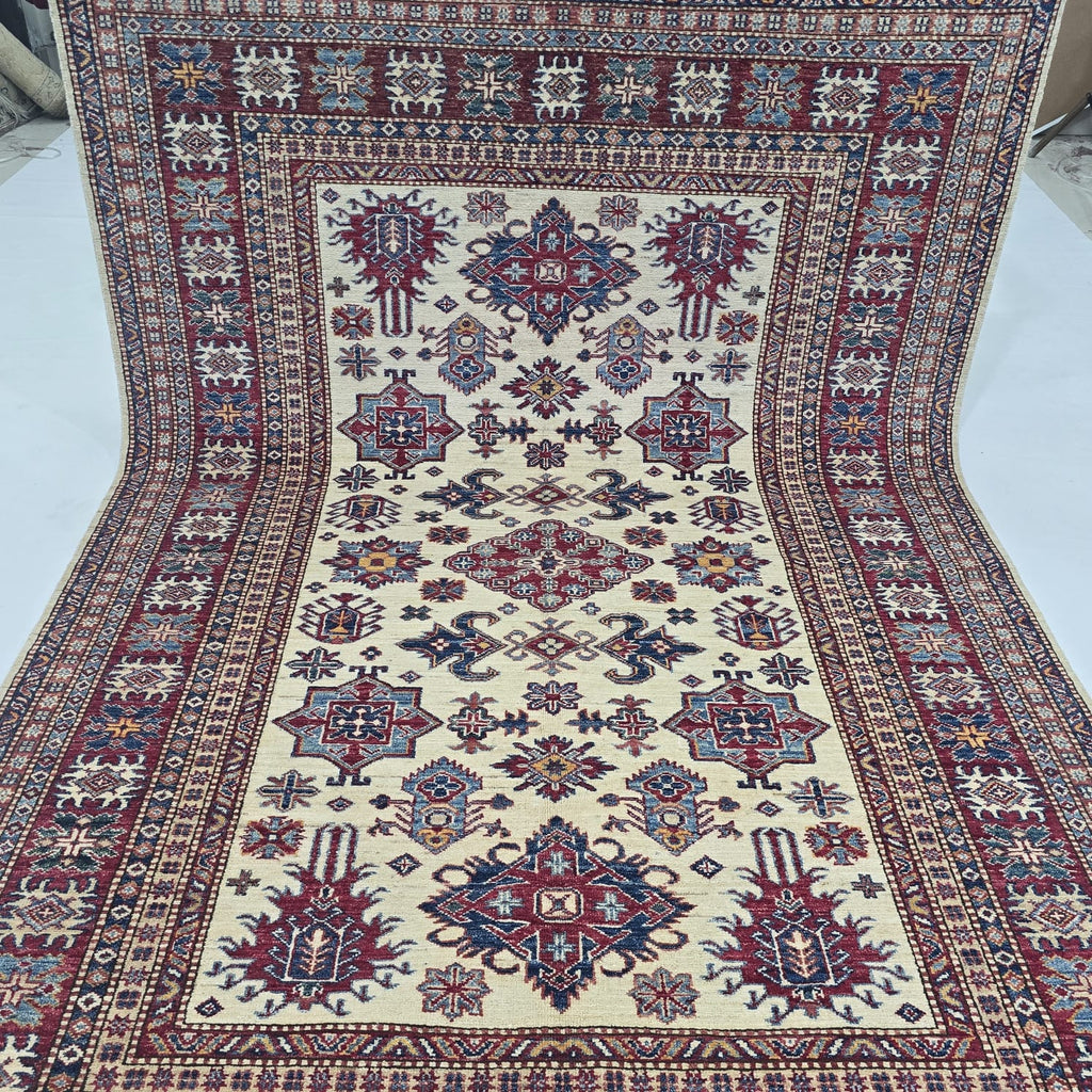 5.5x8 Beige Super Kazak Geometric Area Rug | Handmade Wool & Cotton Rug