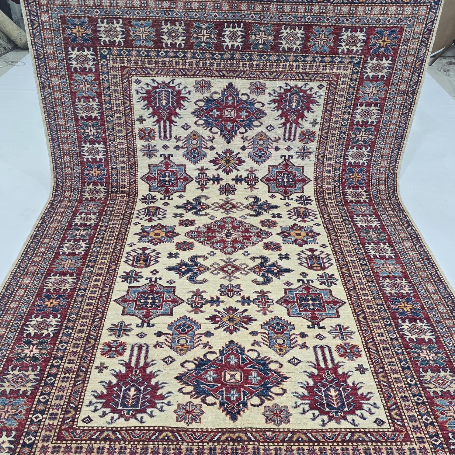 5.5x8 Beige Super Kazak Geometric Area Rug | Handmade Wool & Cotton Rug