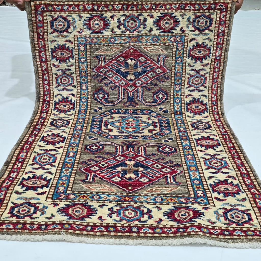 2x3 Gray Super Kazak Geometric Area Rug | Handmade Wool & Cotton Rug
