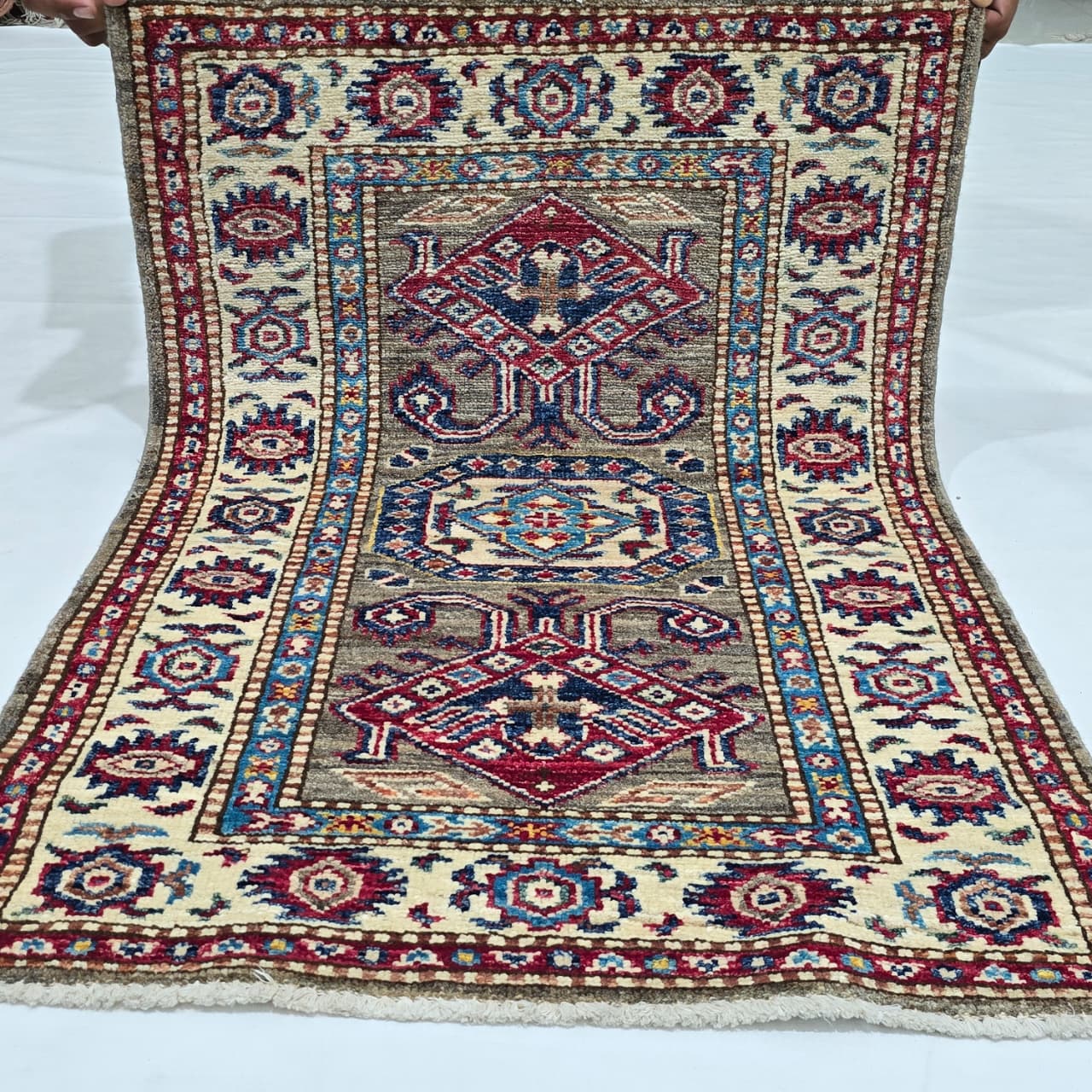 2x3 Gray Super Kazak Geometric Area Rug | Handmade Wool & Cotton Rug