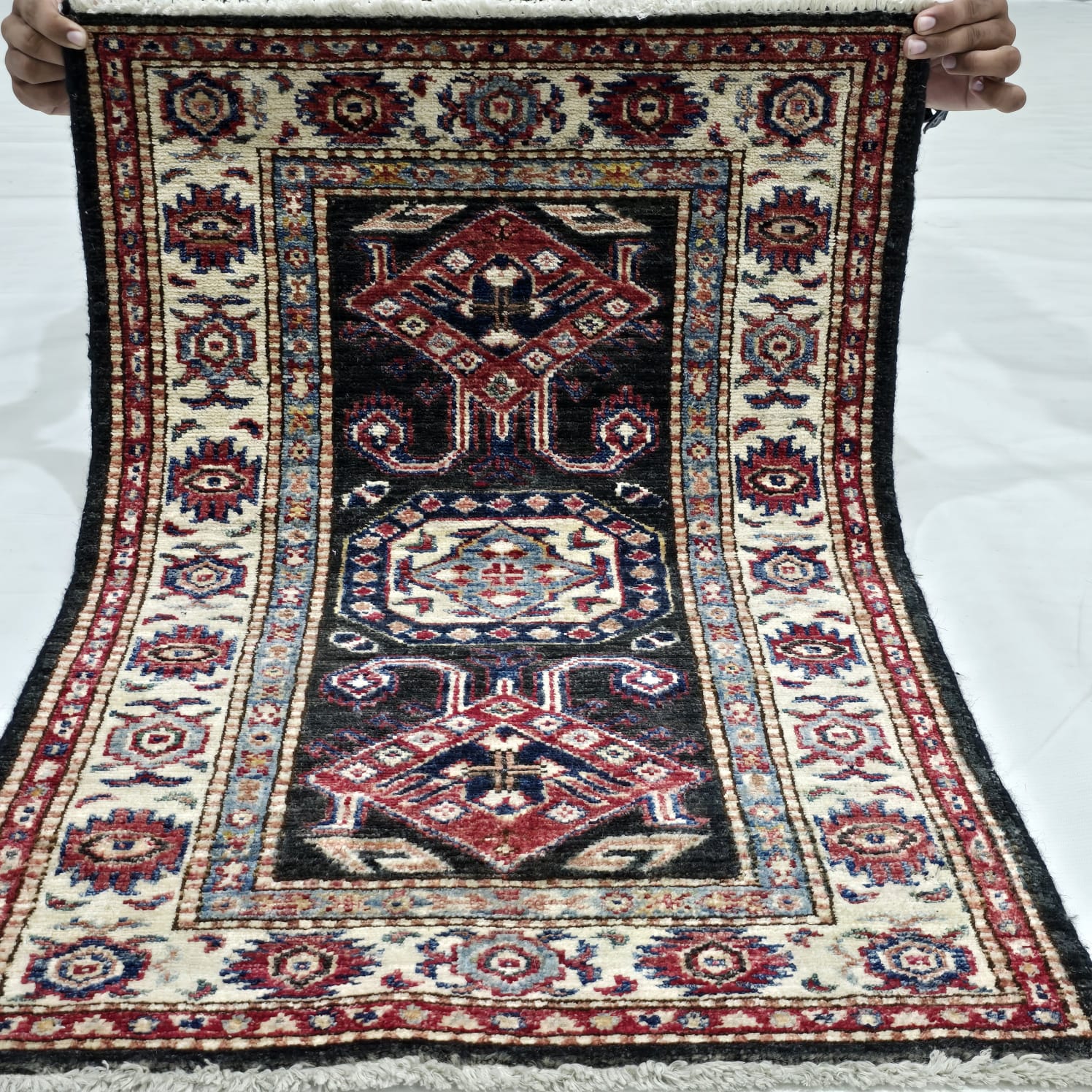 2x3 Black Super Kazak Geometric Area Rug | Handmade Wool & Cotton Rug