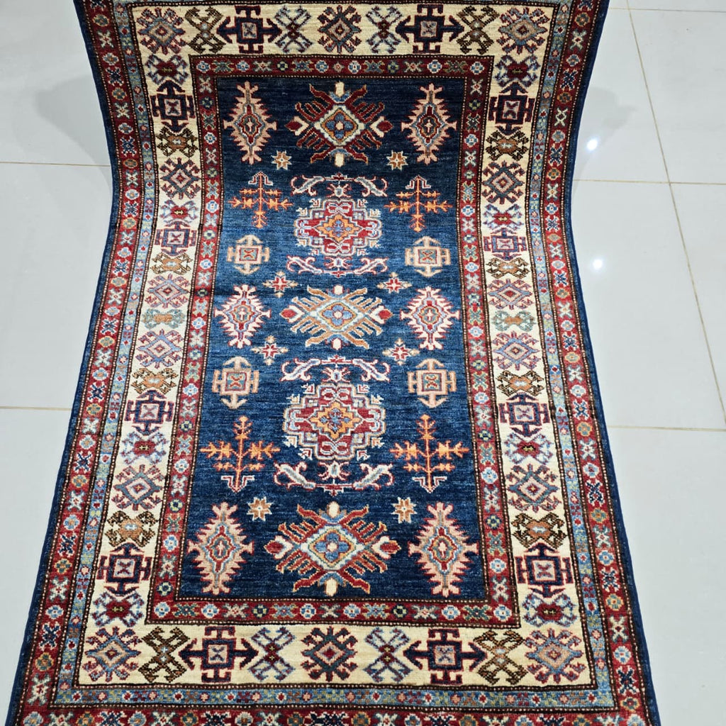 3x5 Blue Super Kazak Geometric Area Rug | Handmade Wool & Cotton Rug