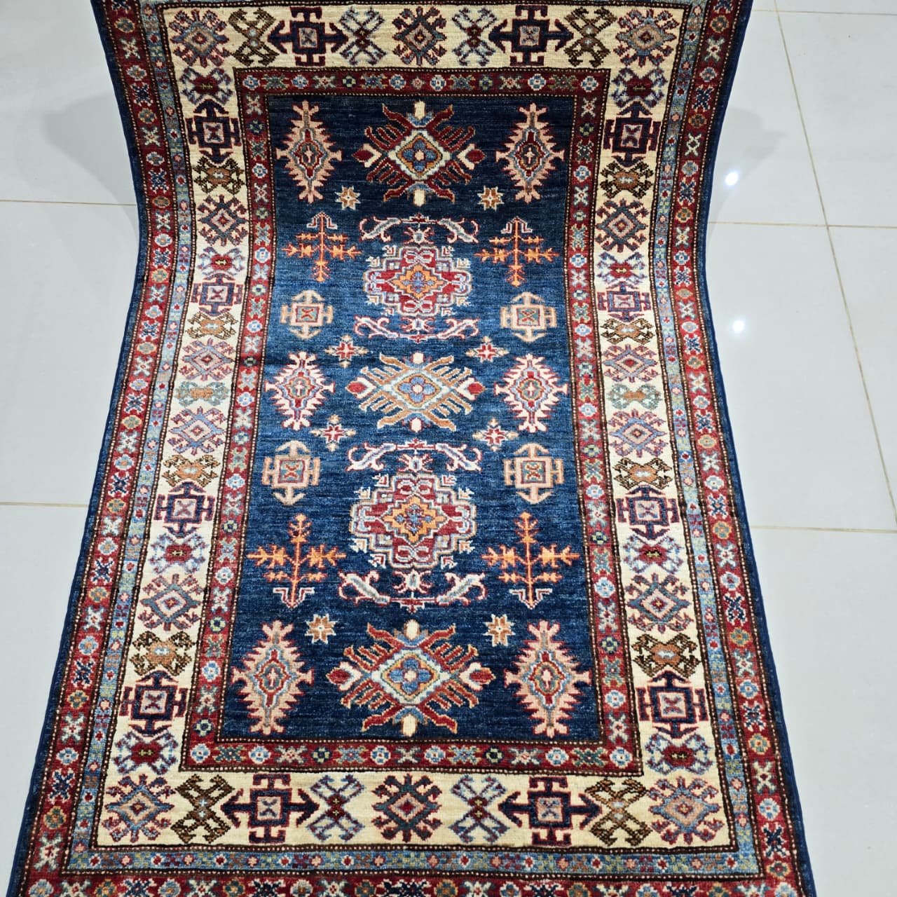 3x5 Blue Super Kazak Geometric Area Rug | Handmade Wool & Cotton Rug