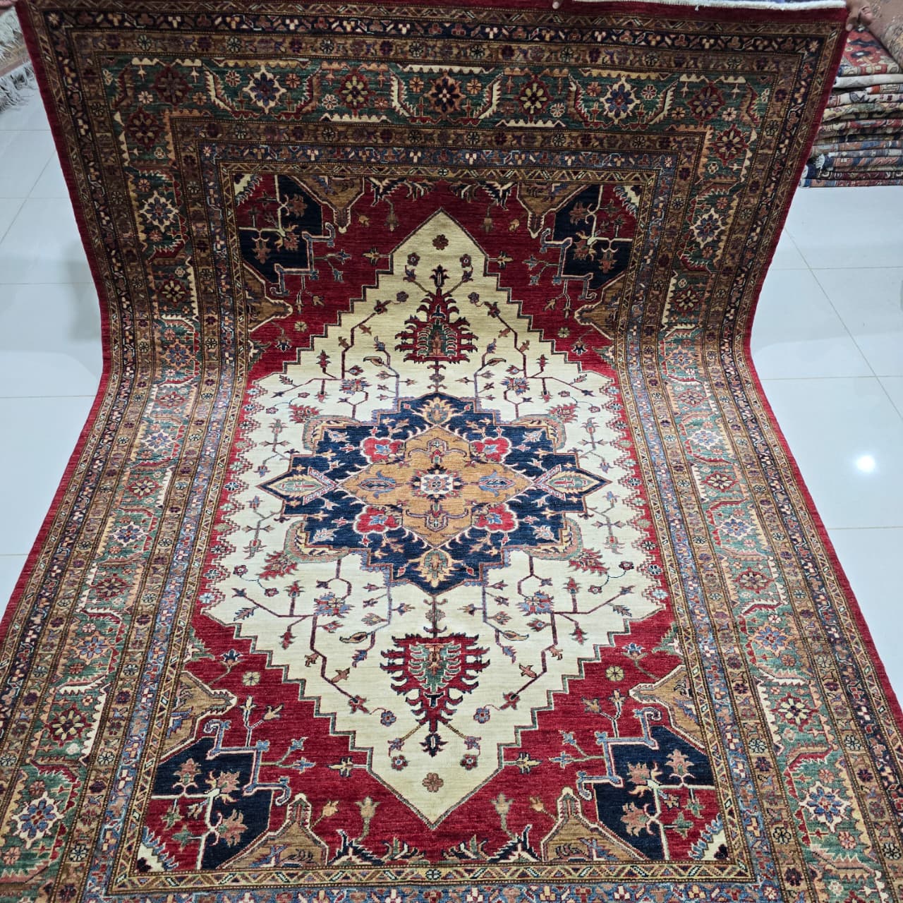 6.5x9.5 Beige Super Kazak Geometric Area Rug | Handmade Wool & Cotton Rug