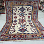 5x6 Beige Super Kazak Geometric Area Rug | Handmade Wool & Cotton Rug