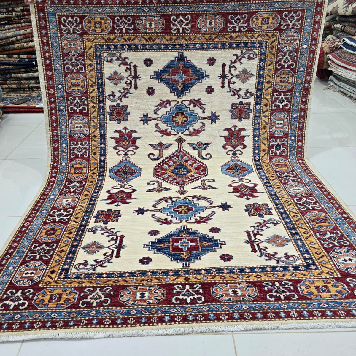 5x6 Beige Super Kazak Geometric Area Rug | Handmade Wool & Cotton Rug