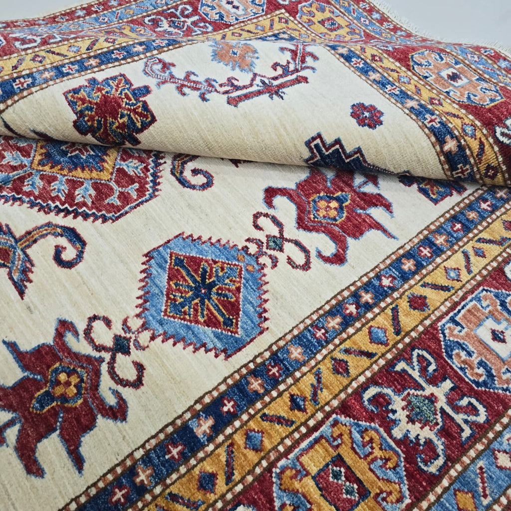 5x6 Beige Super Kazak Geometric Area Rug | Handmade Wool & Cotton Rug