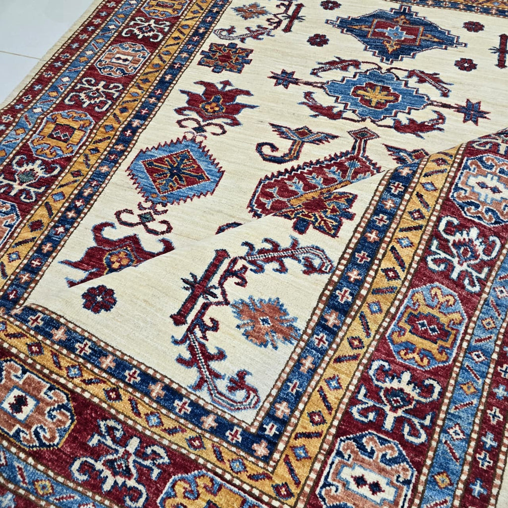 5x6 Beige Super Kazak Geometric Area Rug | Handmade Wool & Cotton Rug