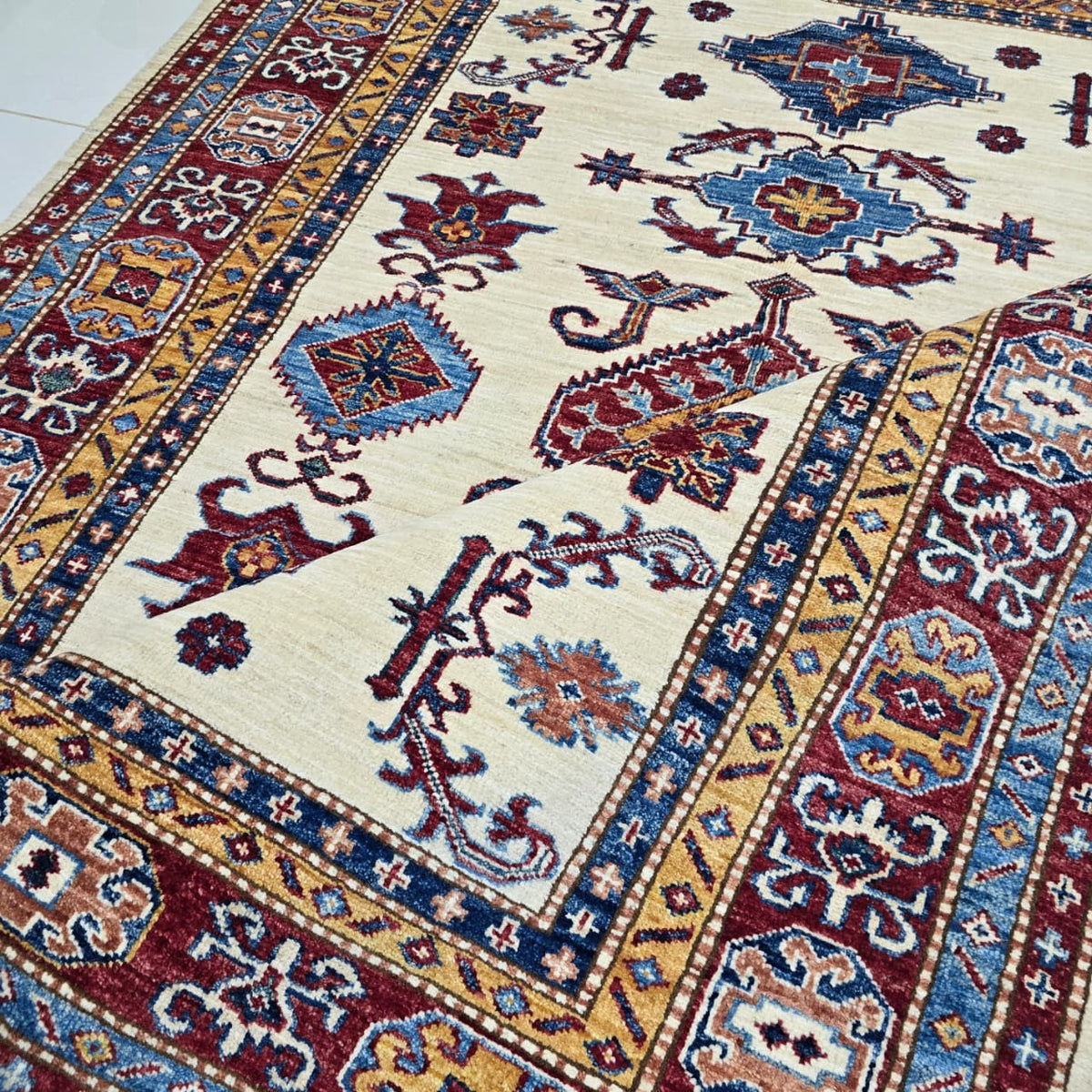 5x6 Beige Super Kazak Geometric Area Rug | Handmade Wool & Cotton Rug