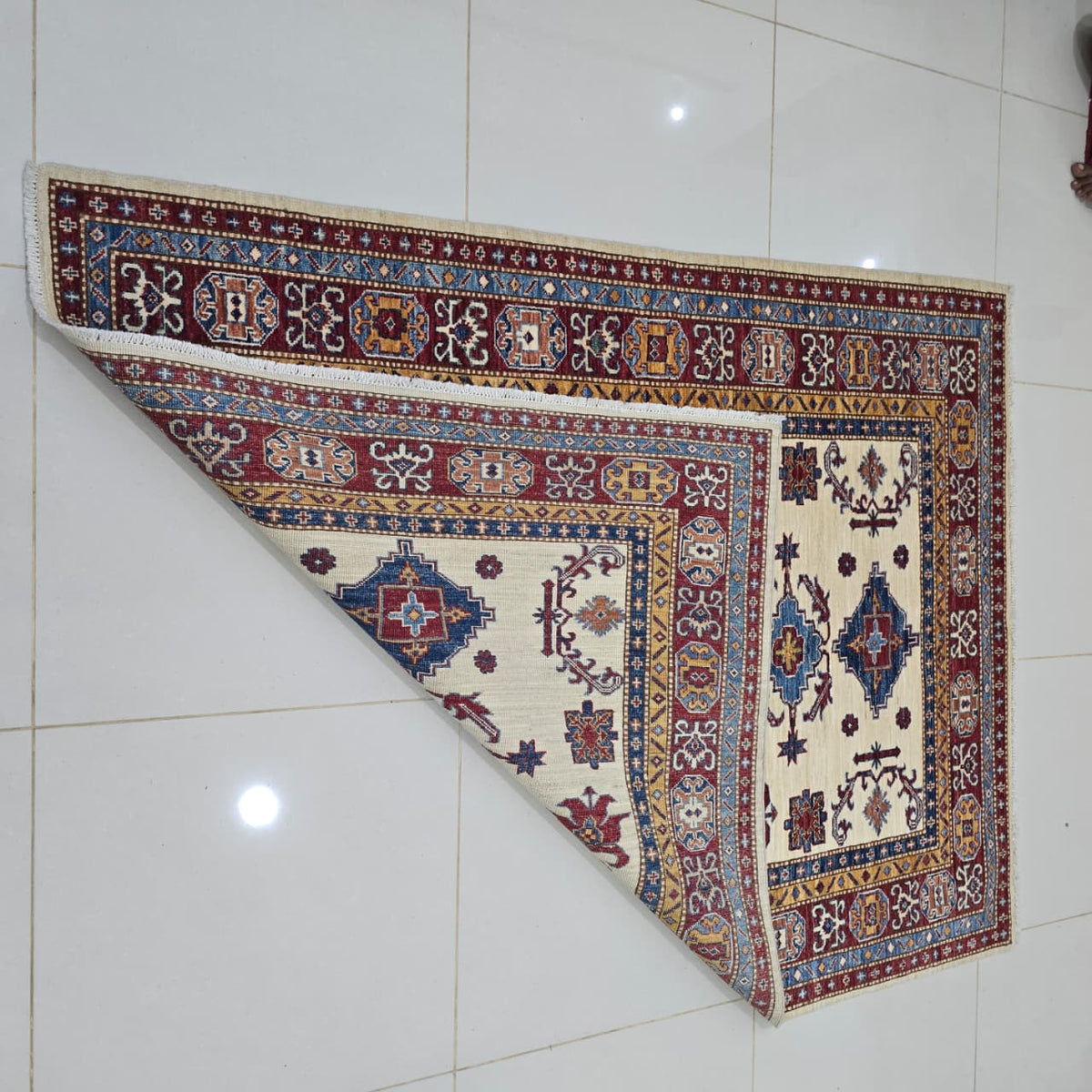 5x6 Beige Super Kazak Geometric Area Rug | Handmade Wool & Cotton Rug