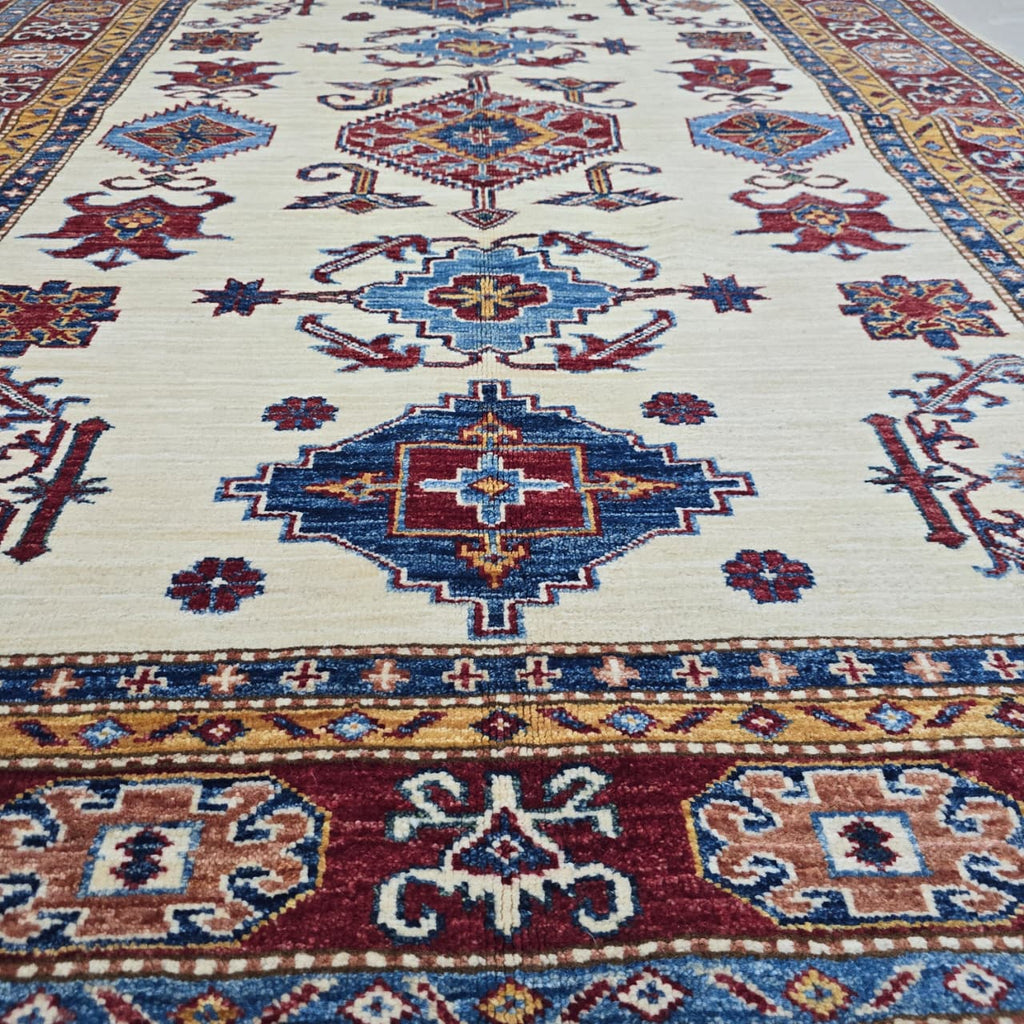 5x6 Beige Super Kazak Geometric Area Rug | Handmade Wool & Cotton Rug