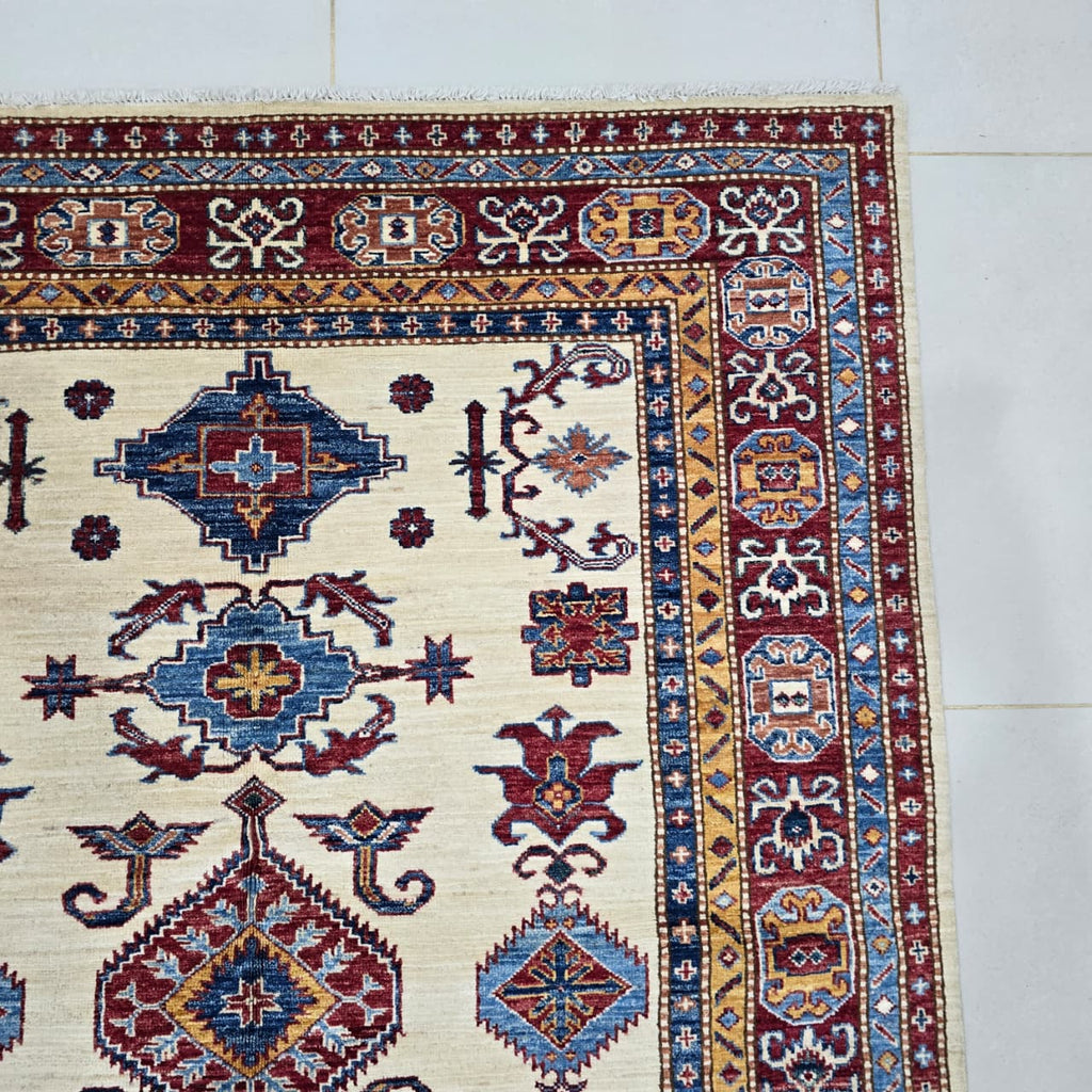 5x6 Beige Super Kazak Geometric Area Rug | Handmade Wool & Cotton Rug