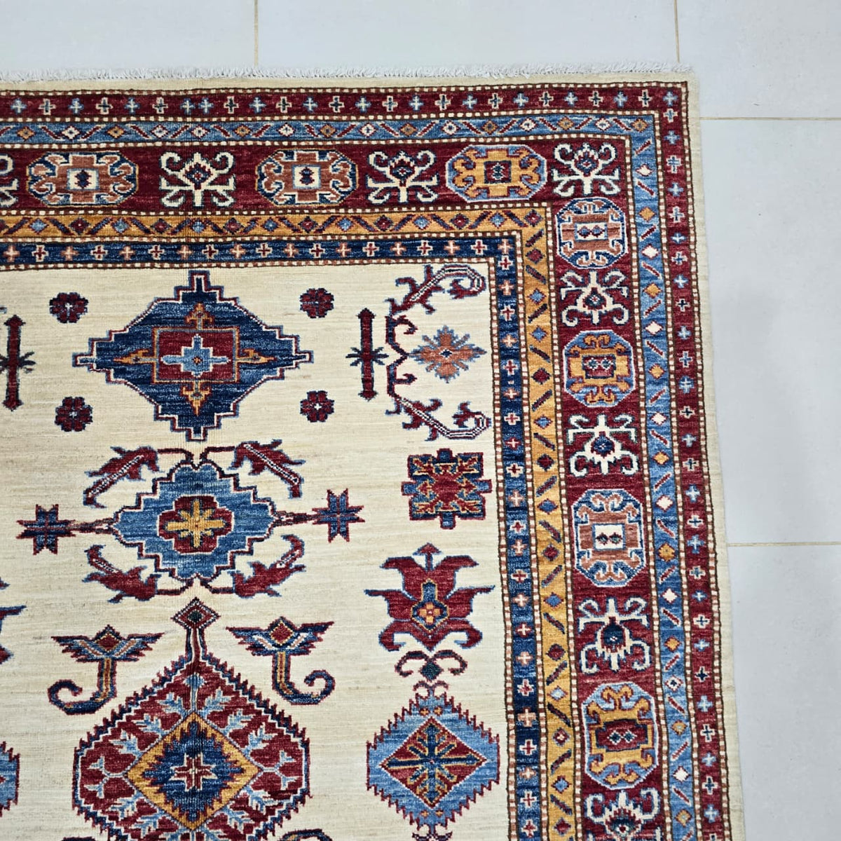 5x6 Beige Super Kazak Geometric Area Rug | Handmade Wool & Cotton Rug