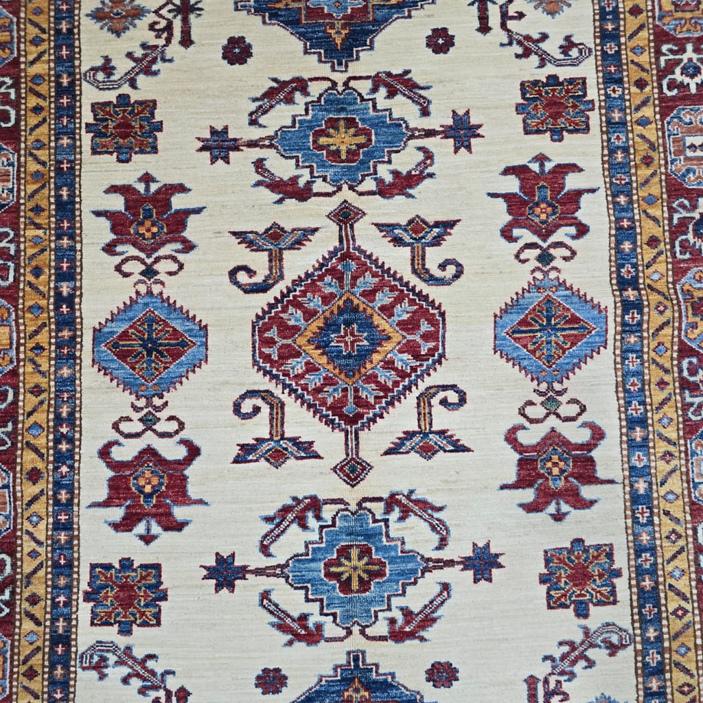 5x6 Beige Super Kazak Geometric Area Rug | Handmade Wool & Cotton Rug