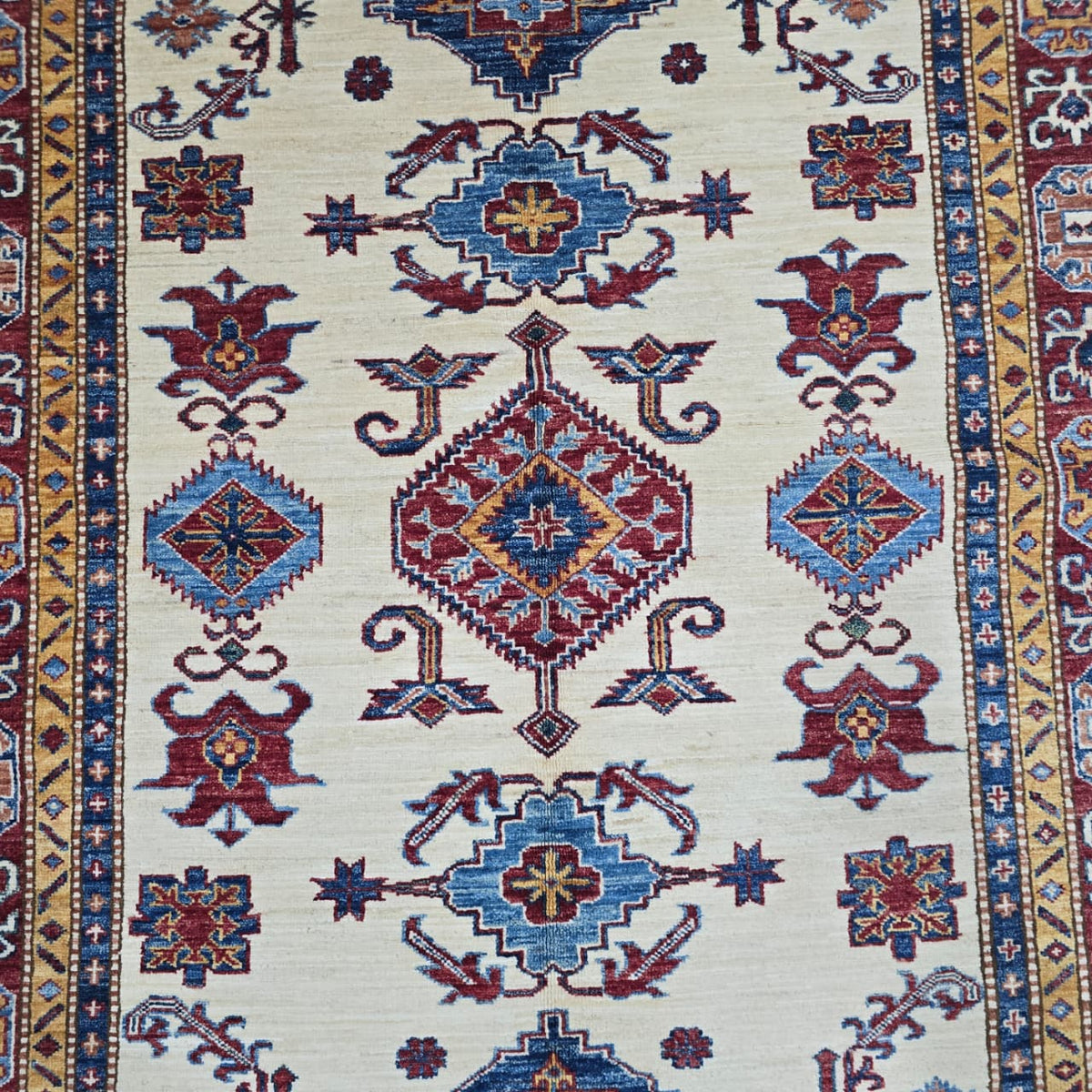 5x6 Beige Super Kazak Geometric Area Rug | Handmade Wool & Cotton Rug