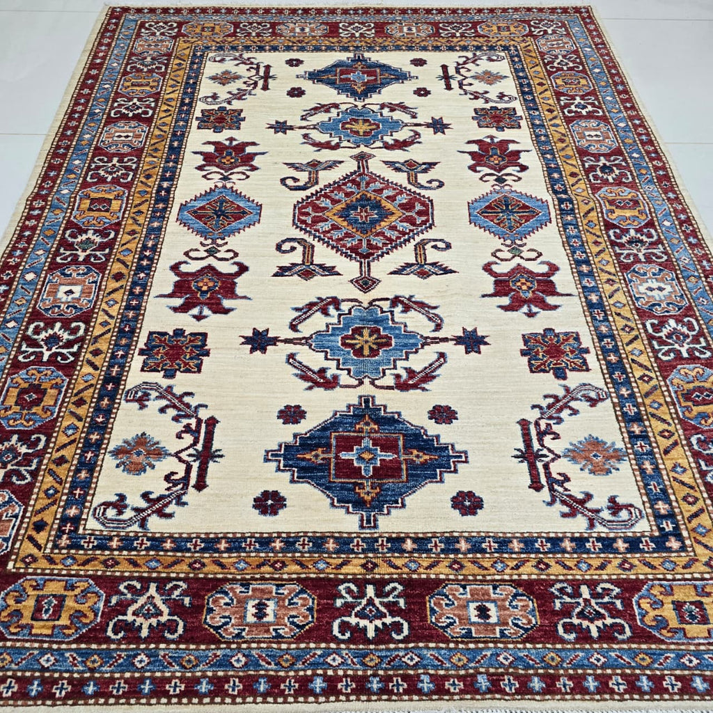 5x6 Beige Super Kazak Geometric Area Rug | Handmade Wool & Cotton Rug