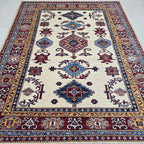 5x6 Beige Super Kazak Geometric Area Rug | Handmade Wool & Cotton Rug