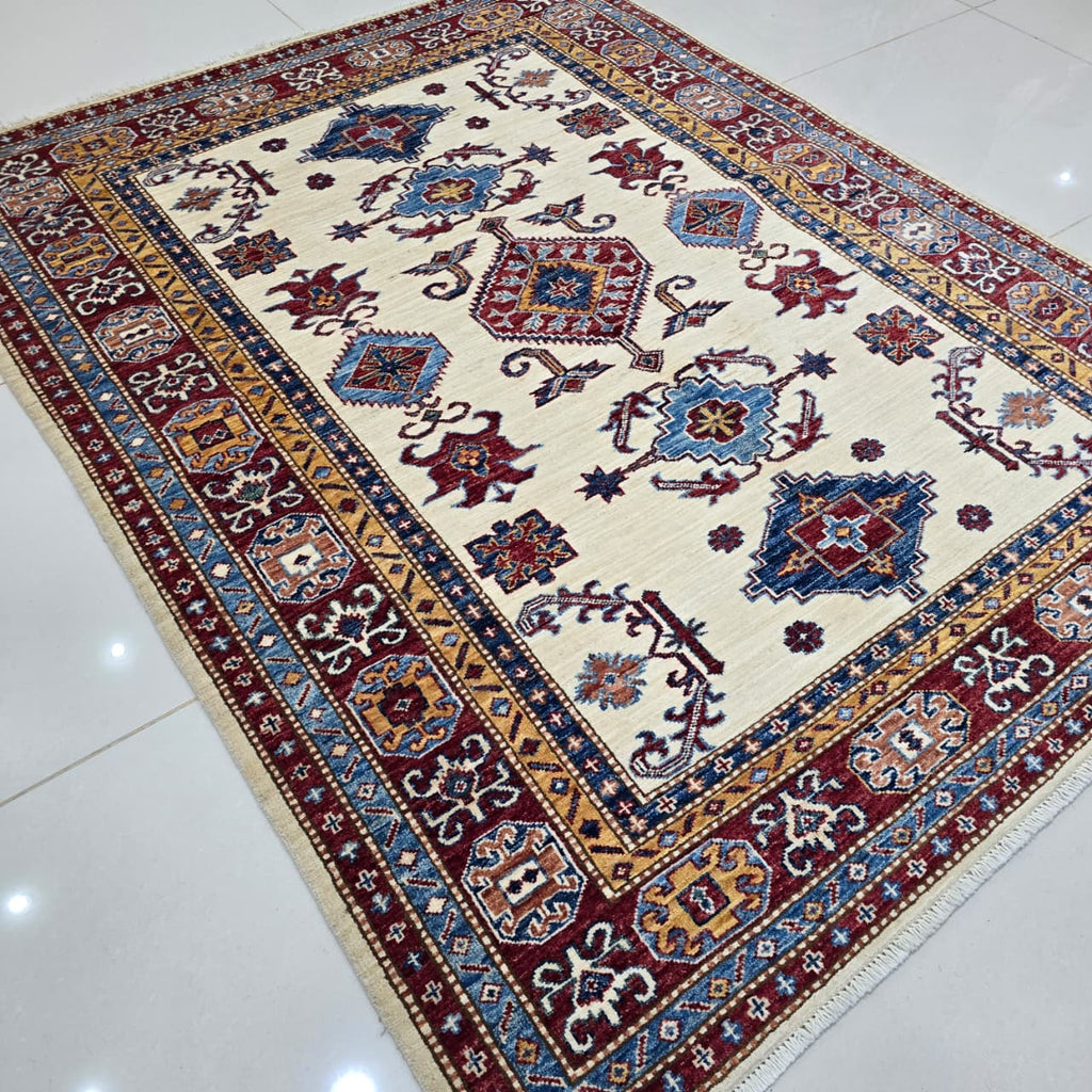 5x6 Beige Super Kazak Geometric Area Rug | Handmade Wool & Cotton Rug