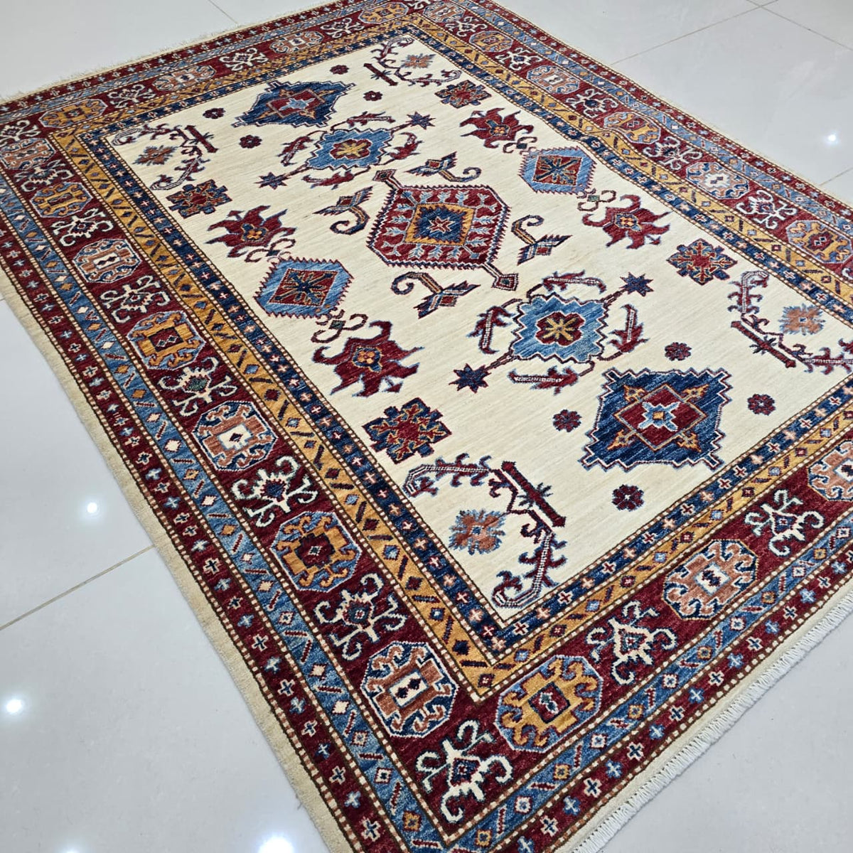5x6 Beige Super Kazak Geometric Area Rug | Handmade Wool & Cotton Rug