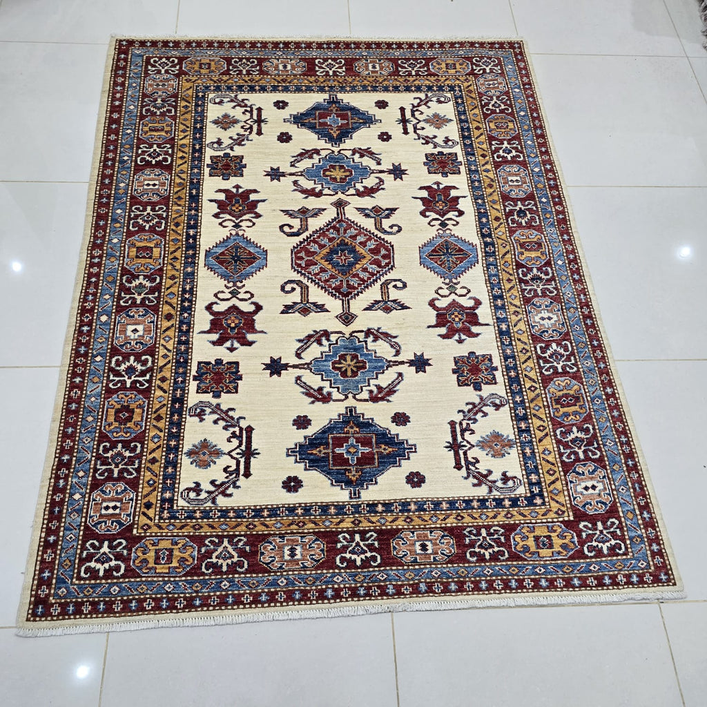 5x6 Beige Super Kazak Geometric Area Rug | Handmade Wool & Cotton Rug