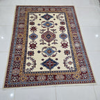 5x6 Beige Super Kazak Geometric Area Rug | Handmade Wool & Cotton Rug