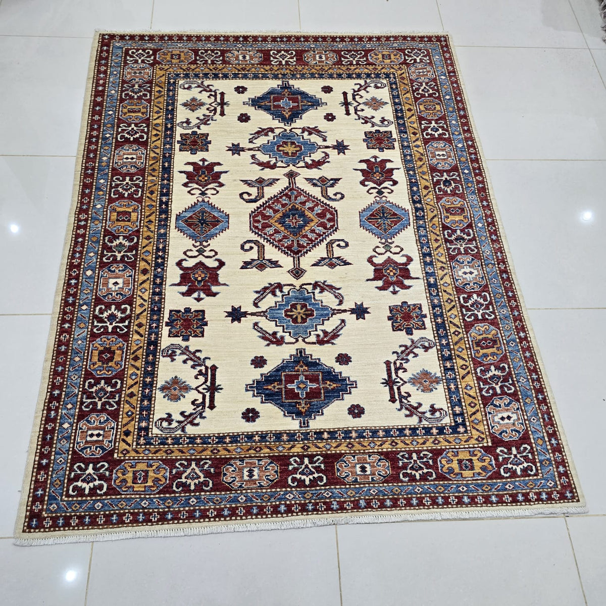 5x6 Beige Super Kazak Geometric Area Rug | Handmade Wool & Cotton Rug