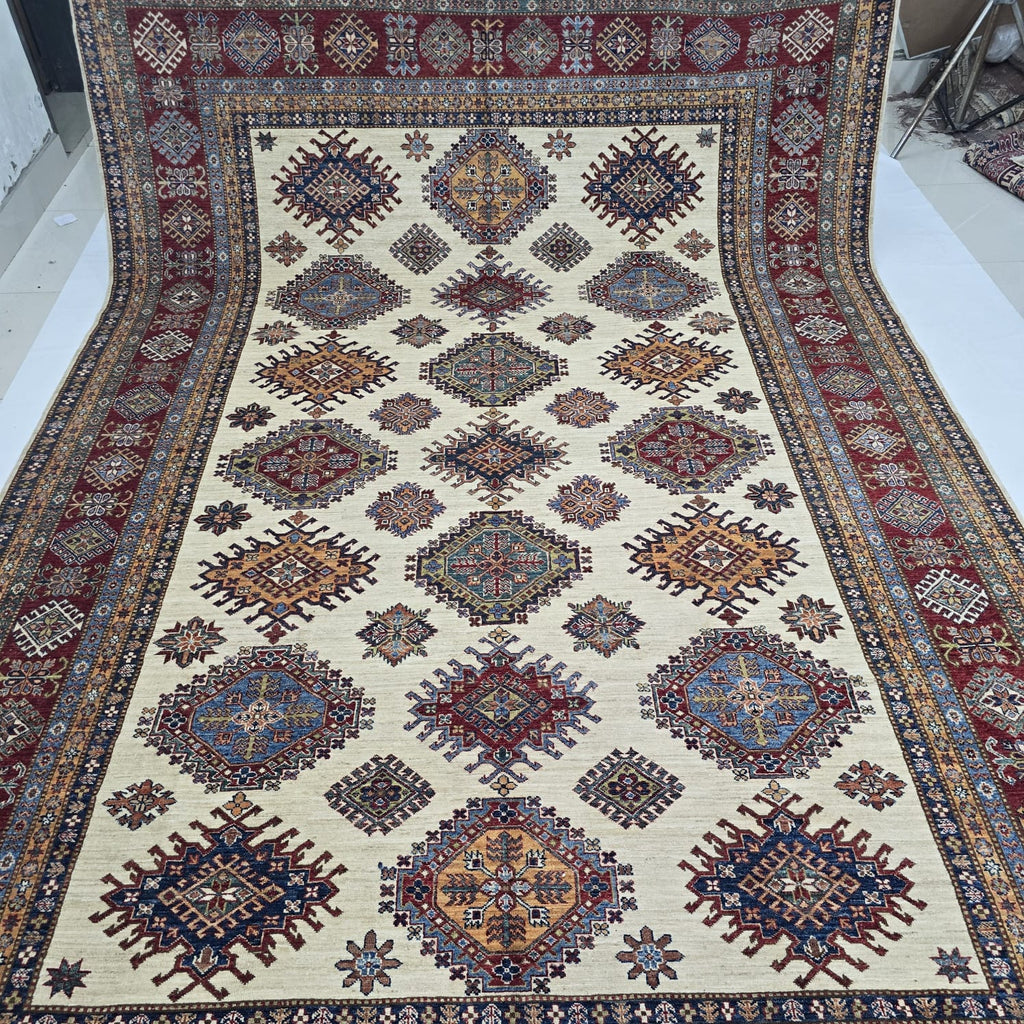 9x12.5 Beige Super Kazak Geometric Area Rug | Handmade Wool & Cotton Rug