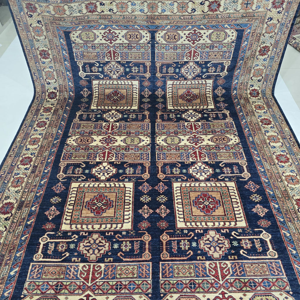 8x11 Blue Super Kazak Geometric Area Rug | Handmade Wool & Cotton Rug