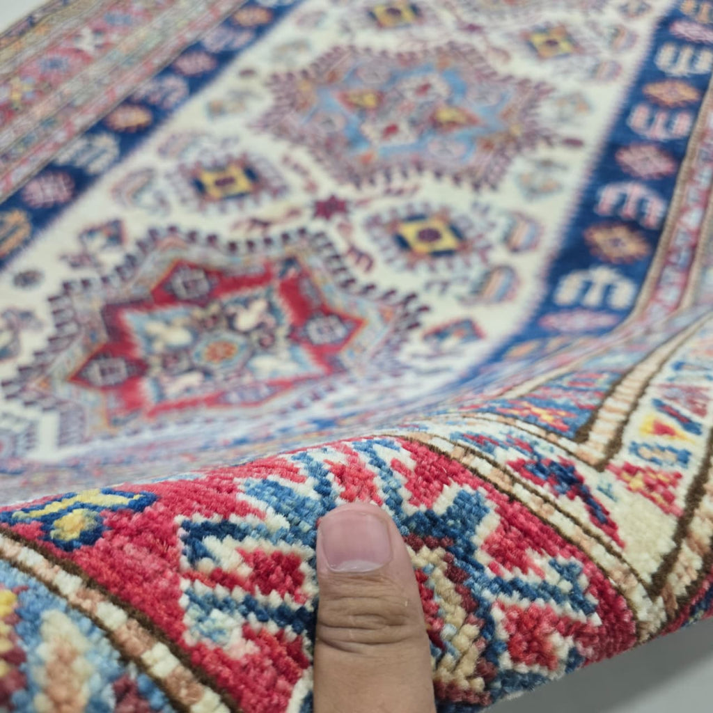 5x7 Beige Super Kazak Geometric Area Rug | Handmade Wool & Cotton Rug