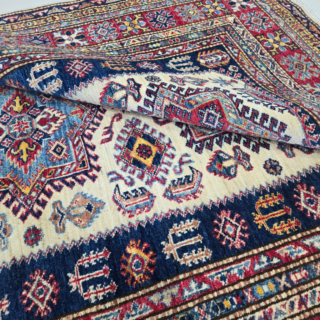 5x7 Beige Super Kazak Geometric Area Rug | Handmade Wool & Cotton Rug