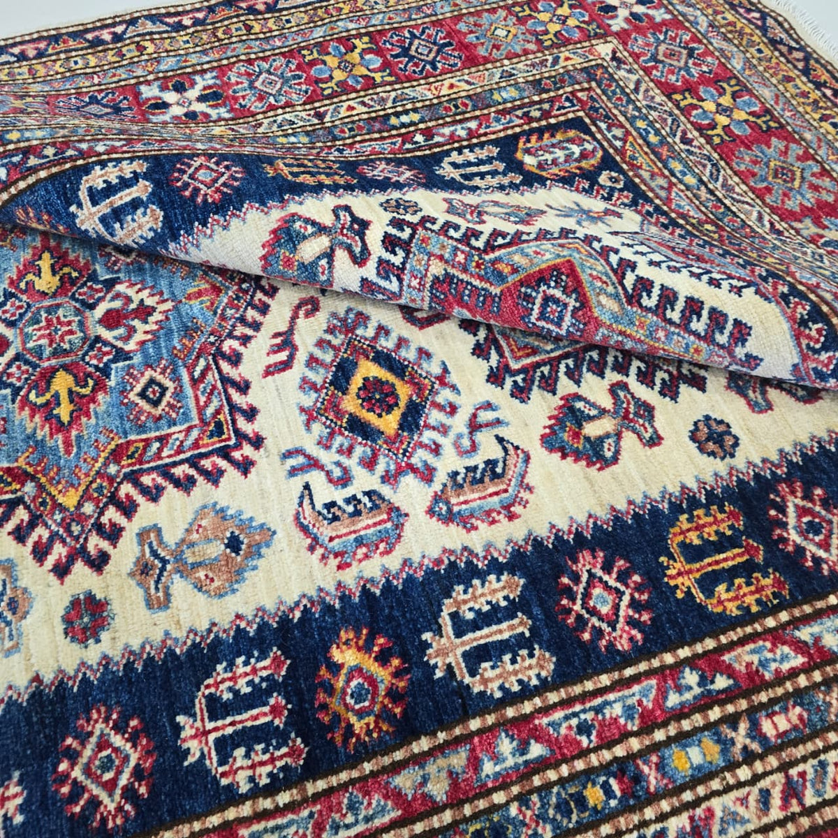 5x7 Beige Super Kazak Geometric Area Rug | Handmade Wool & Cotton Rug