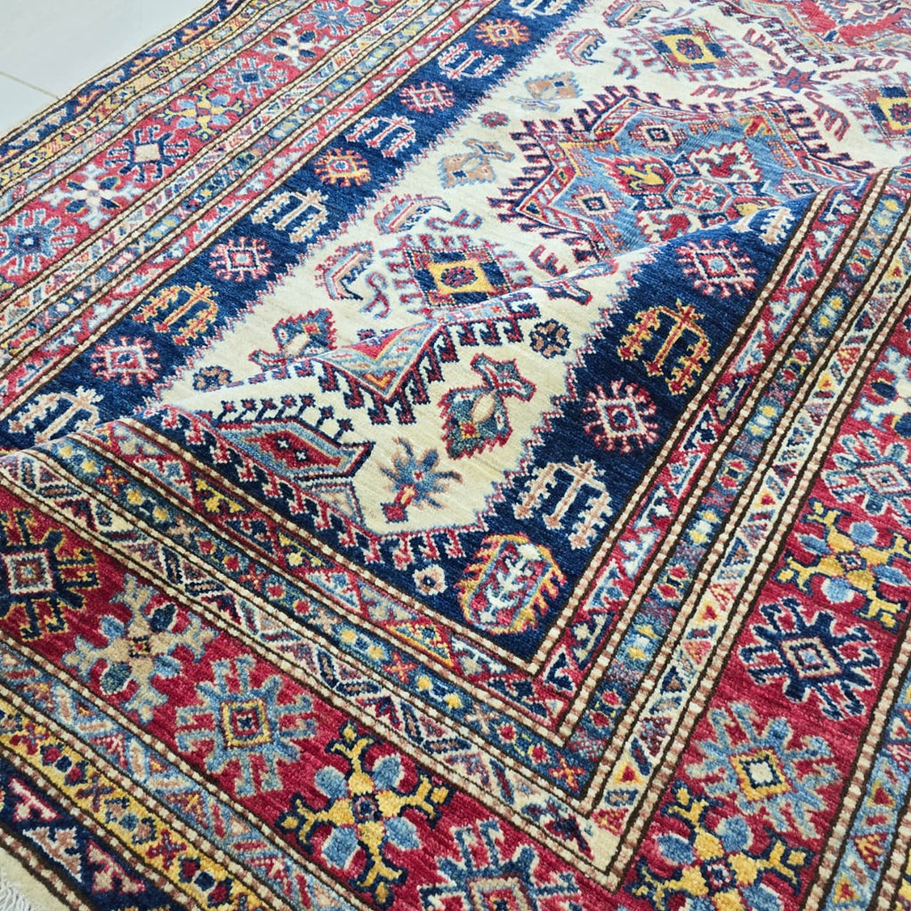 5x7 Beige Super Kazak Geometric Area Rug | Handmade Wool & Cotton Rug