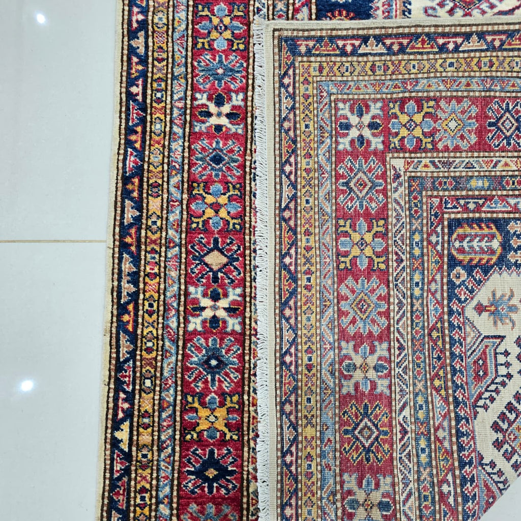 5x7 Beige Super Kazak Geometric Area Rug | Handmade Wool & Cotton Rug