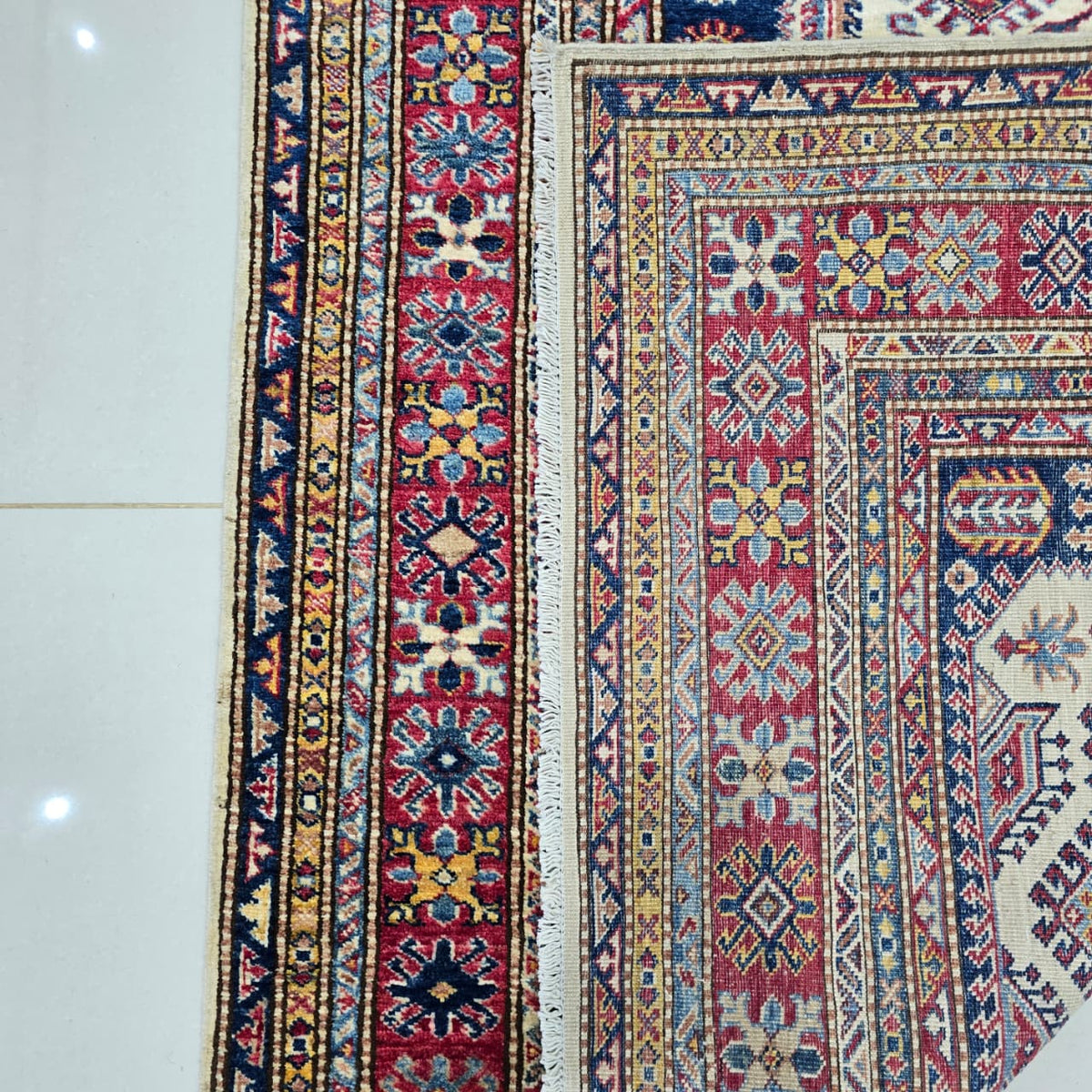 5x7 Beige Super Kazak Geometric Area Rug | Handmade Wool & Cotton Rug
