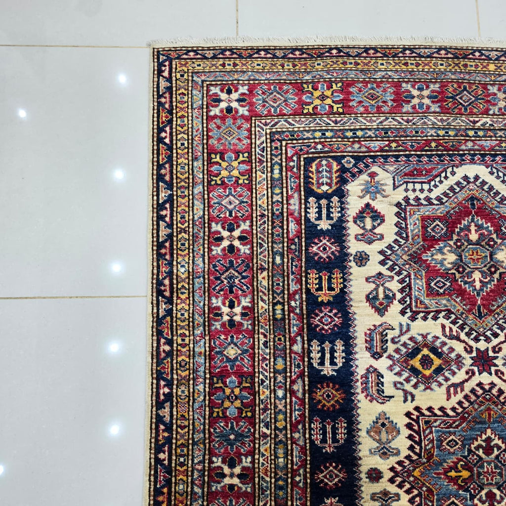 5x7 Beige Super Kazak Geometric Area Rug | Handmade Wool & Cotton Rug