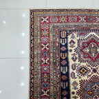 5x7 Beige Super Kazak Geometric Area Rug | Handmade Wool & Cotton Rug