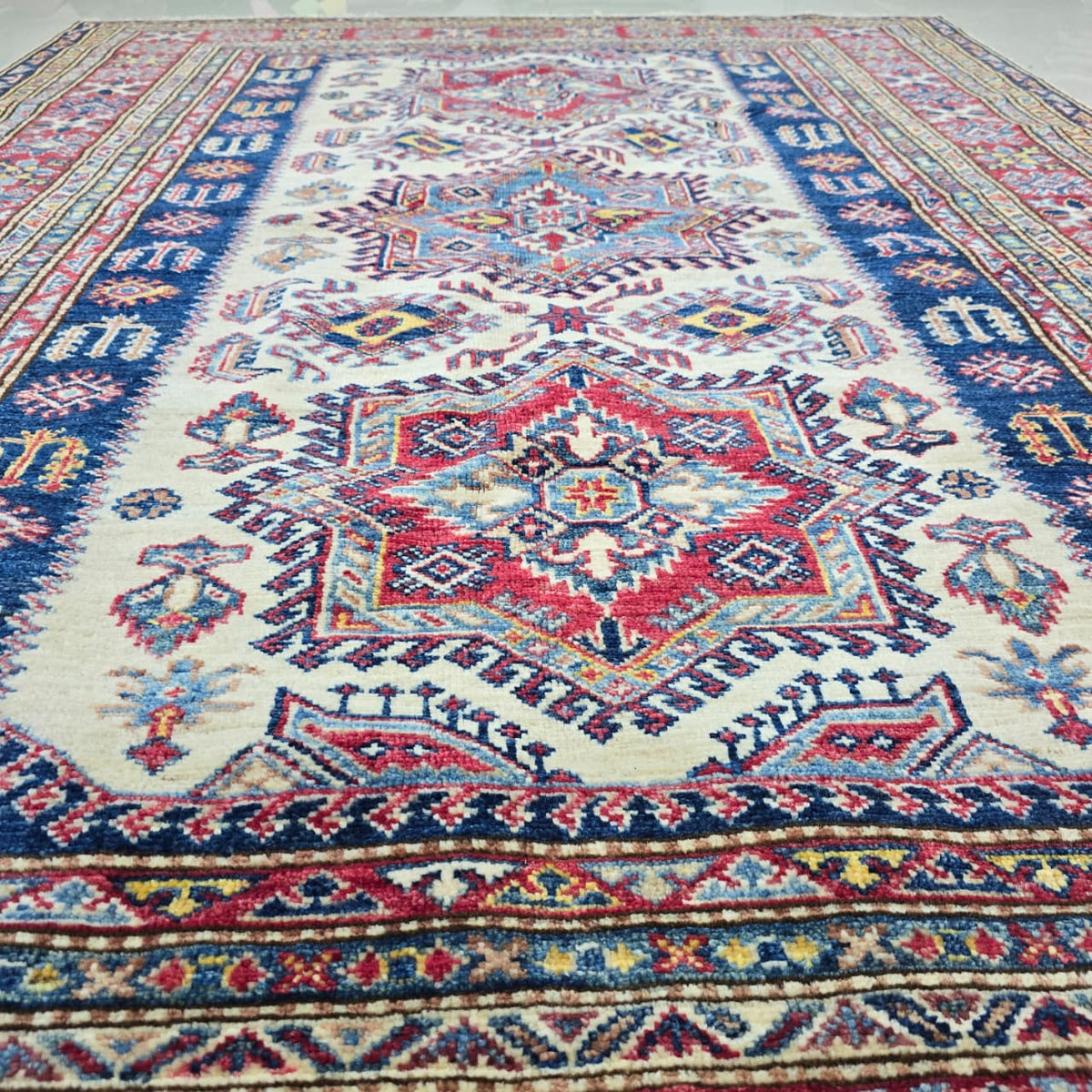 5x7 Beige Super Kazak Geometric Area Rug | Handmade Wool & Cotton Rug