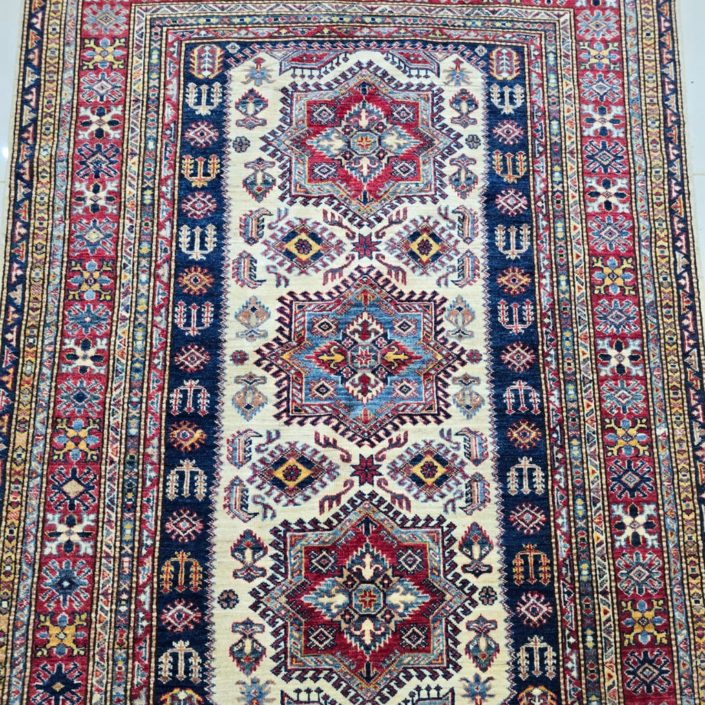 5x7 Beige Super Kazak Geometric Area Rug | Handmade Wool & Cotton Rug