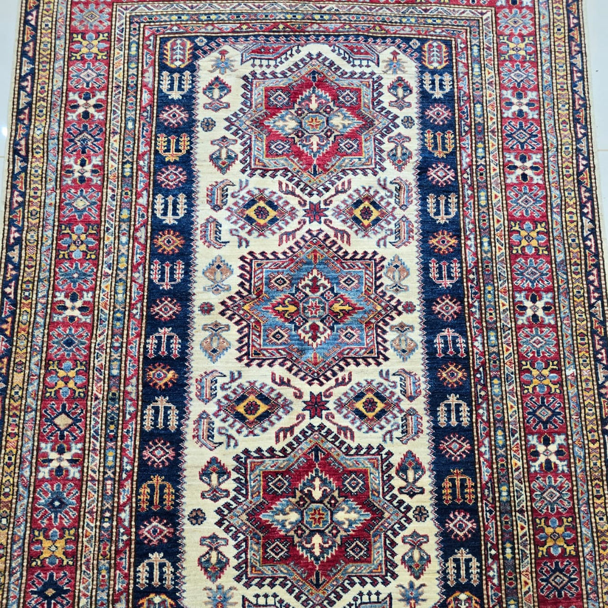 5x7 Beige Super Kazak Geometric Area Rug | Handmade Wool & Cotton Rug