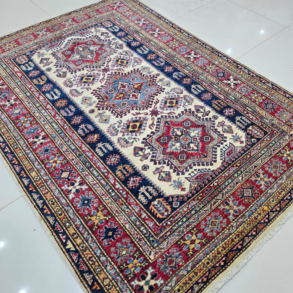 5x7 Beige Super Kazak Geometric Area Rug | Handmade Wool & Cotton Rug