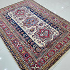 5x7 Beige Super Kazak Geometric Area Rug | Handmade Wool & Cotton Rug
