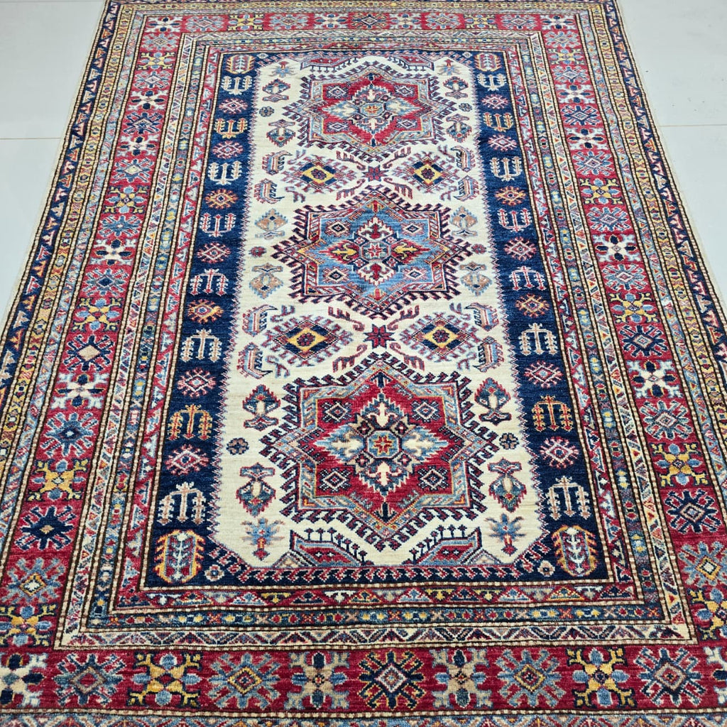 5x7 Beige Super Kazak Geometric Area Rug | Handmade Wool & Cotton Rug