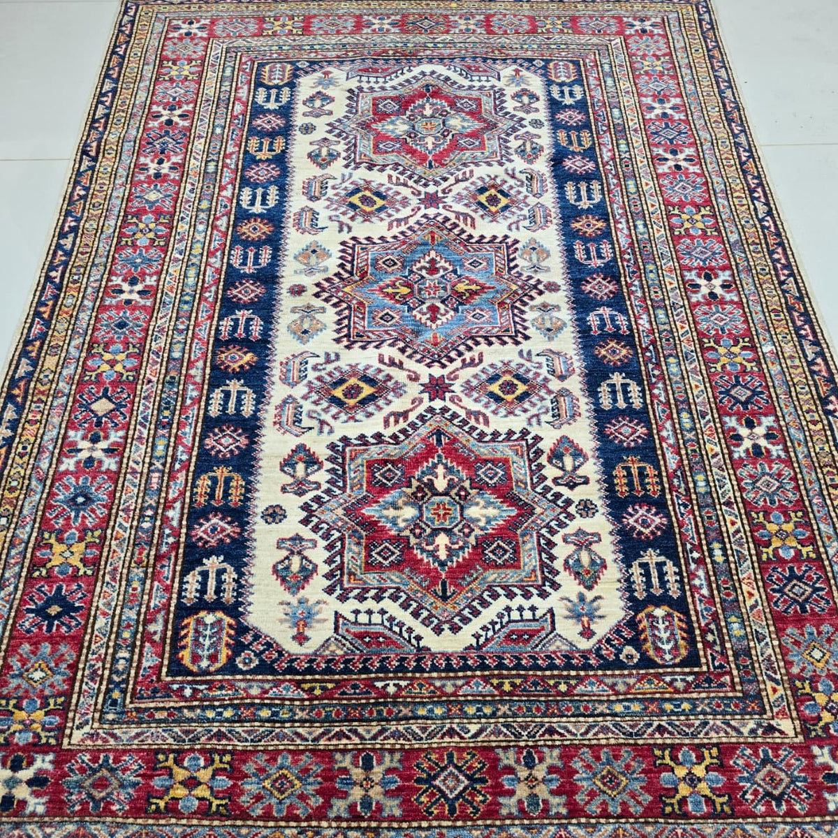 5x7 Beige Super Kazak Geometric Area Rug | Handmade Wool & Cotton Rug